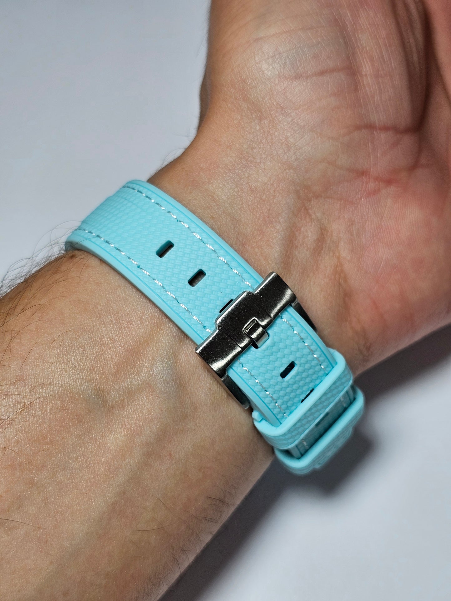 Rubber Curved Strap for Omega x Swatch MoonSwatch – Mission to the MoonPhase – Tiffany Blue with White Stitch