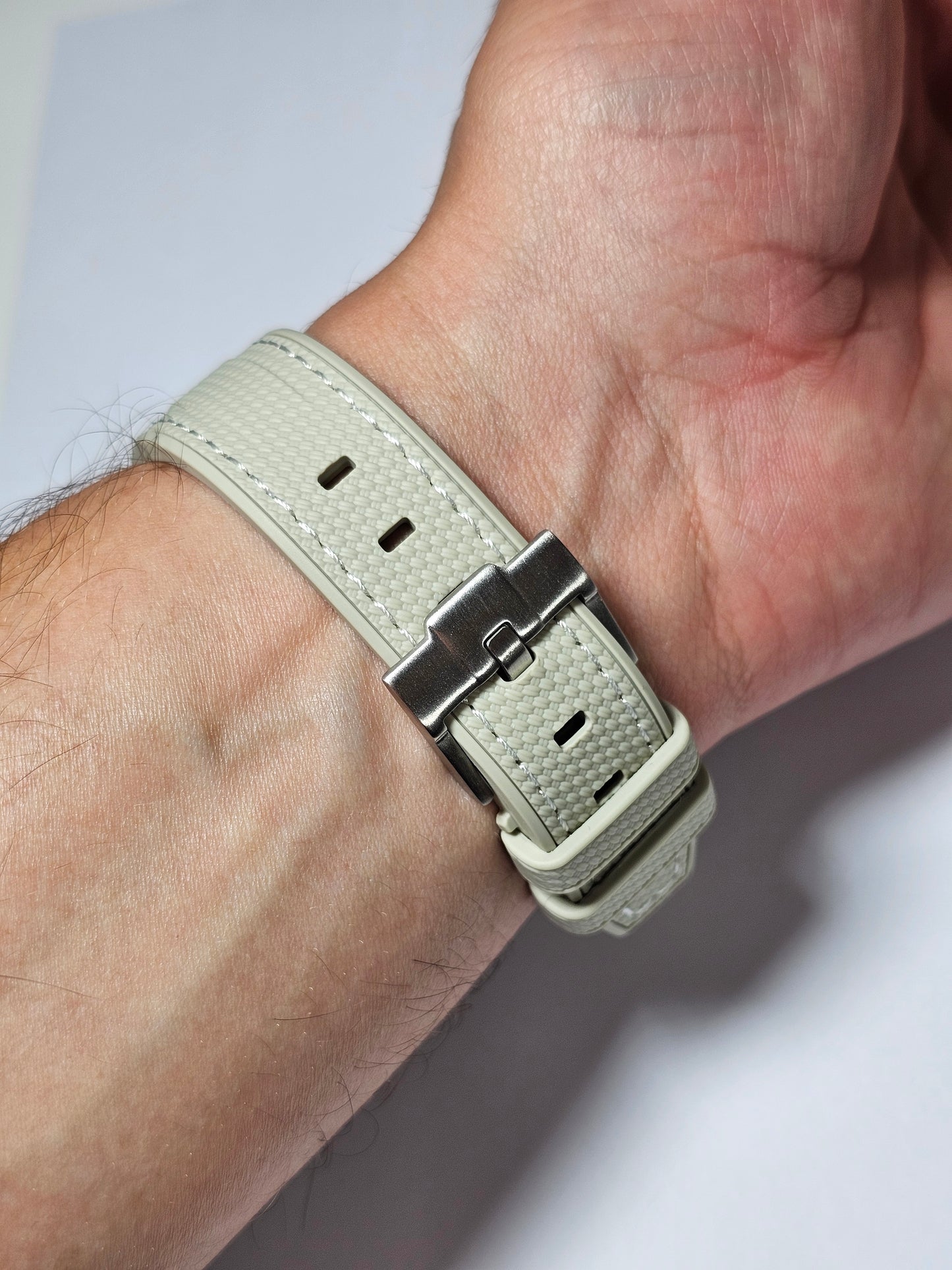 Rubber Curved Strap for Omega x Swatch MoonSwatch – Mission to Saturn – Stone with White Stitch