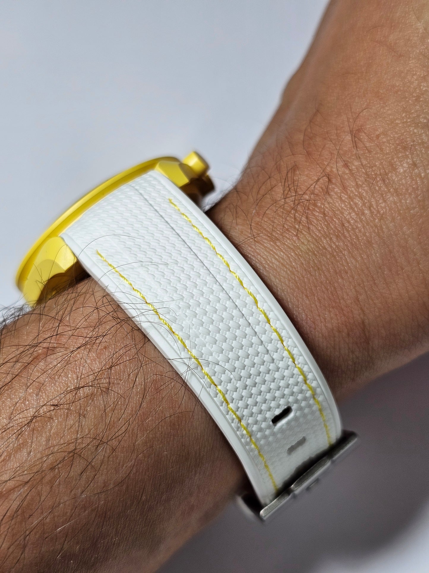 Rubber Curved Strap for Omega x Swatch MoonSwatch – Mission to the Sun – White with Yellow Stitch