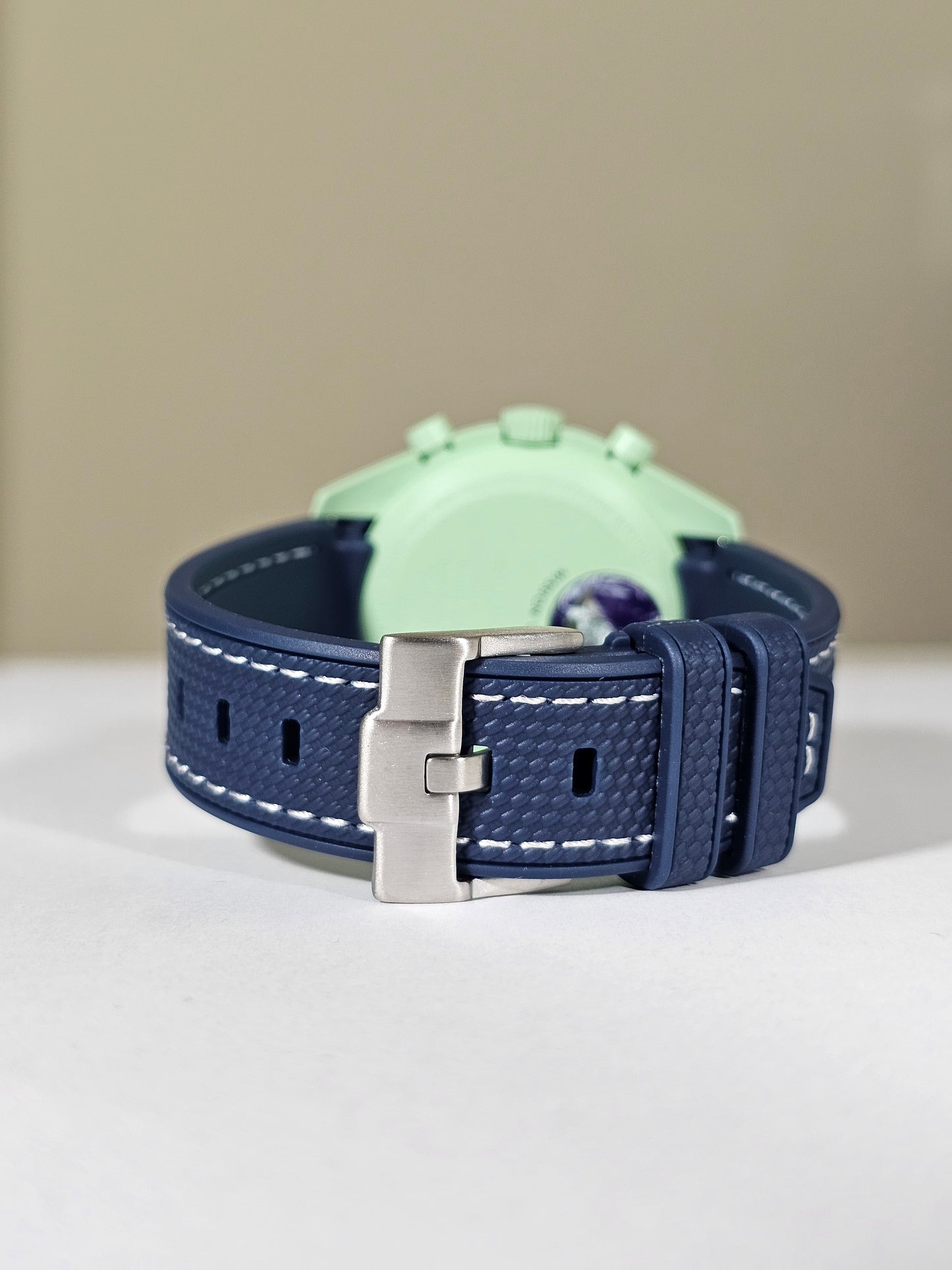 Rubber Curved Strap for Omega x Swatch MoonSwatch – Mission on Earth – Navy with White Stitch
