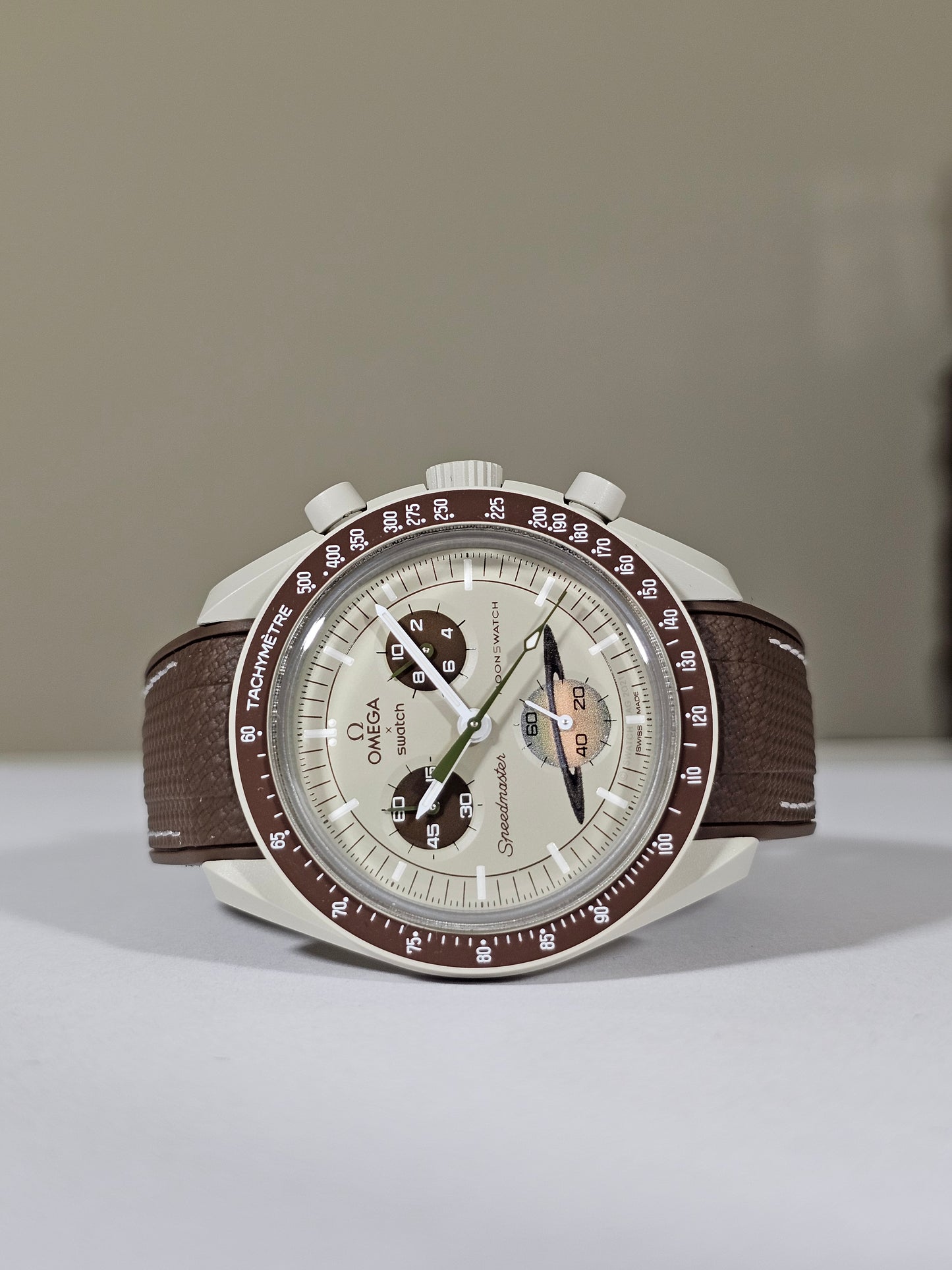 Rubber Curved Strap for Omega x Swatch MoonSwatch – Mission to Saturn – Brown with White Stitch