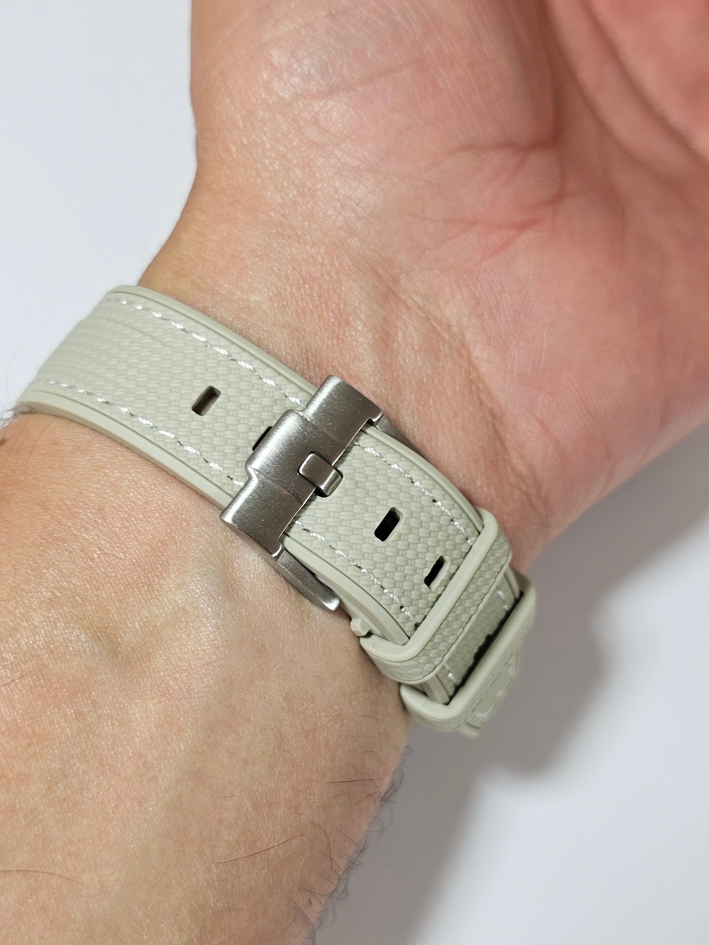 Rubber Curved Strap for Omega x Swatch MoonSwatch – Mission on Earth: Desert – Griege with White Stitch