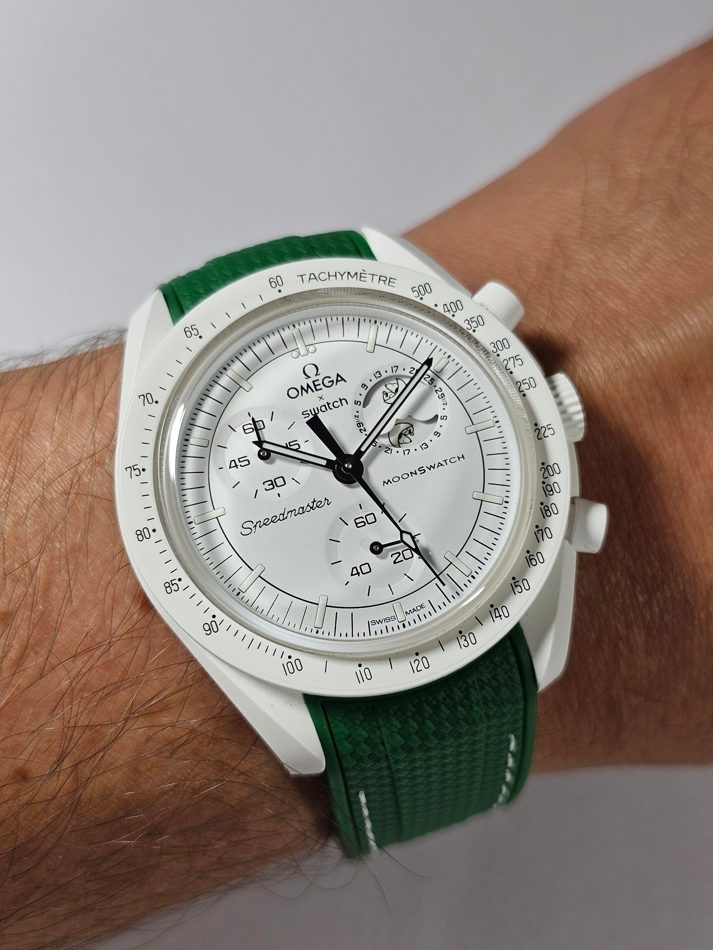Rubber Curved Strap for Omega x Swatch MoonSwatch – Mission to the MoonPhase – Green with White Stitch