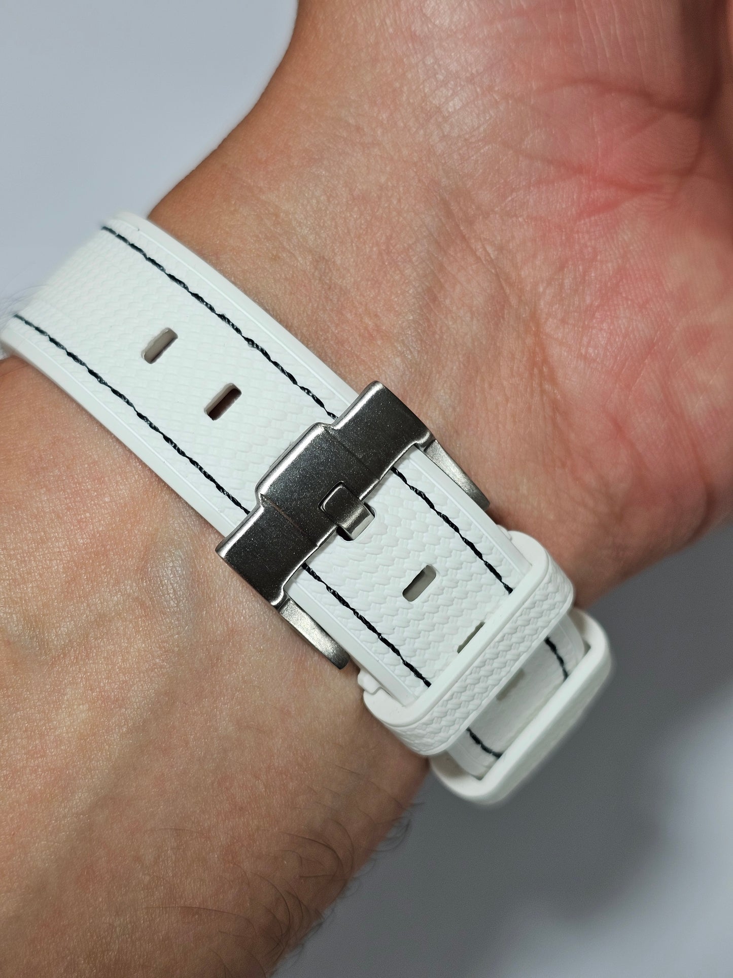 Rubber Curved Strap for Omega x Swatch MoonSwatch – Mission on Earth: Polar Lights – White with Black Stitch