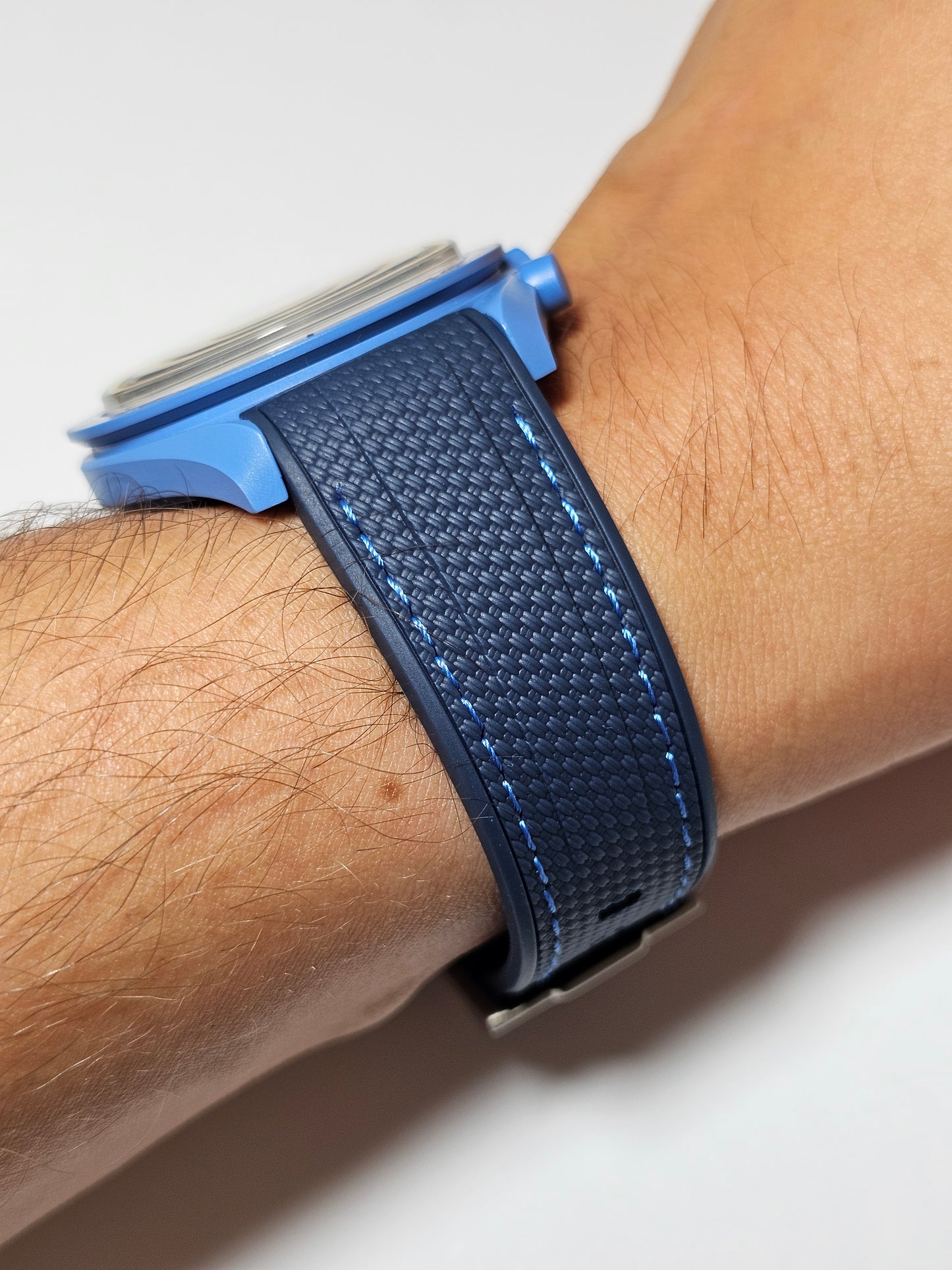 Rubber Curved Strap for Omega x Swatch MoonSwatch – Super Blue MoonPhase – Engraved Navy with Light Blue Stitch