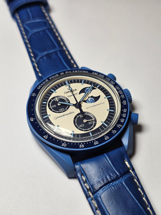 Embossed Leather Strap for Omega x Swatch MoonSwatch – Super Blue MoonPhase – Blue