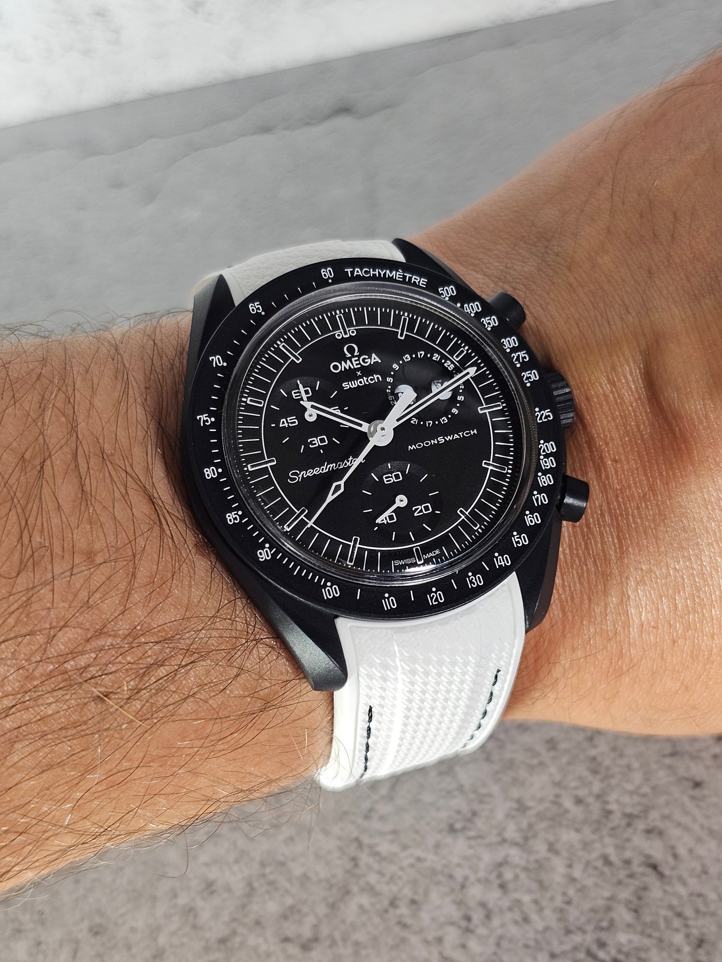 Omega X Swatch MoonSwatch Strap: Stitched Rubber Woven - White & Black
