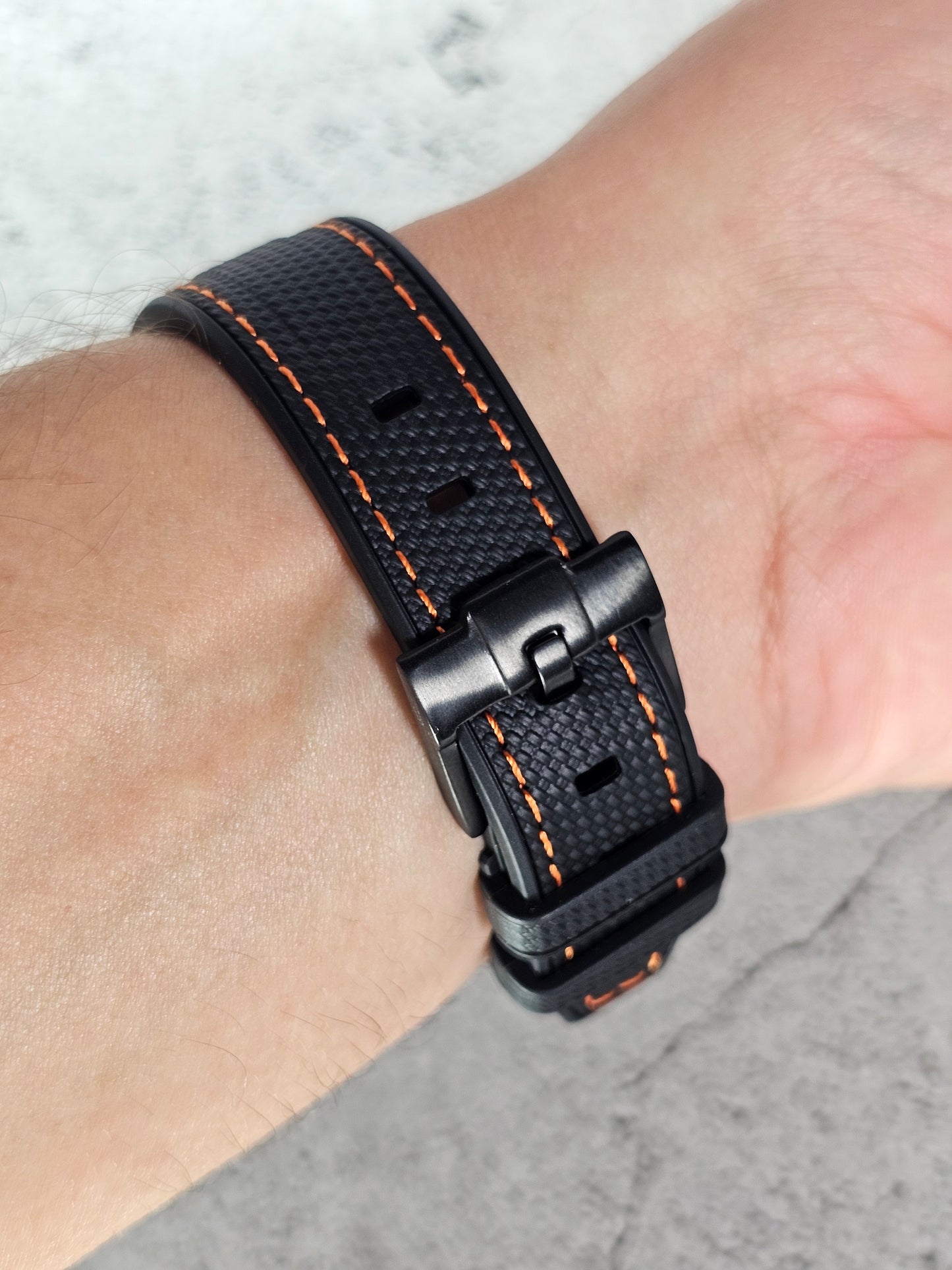 Rubber Curved Strap for Omega x Swatch MoonSwatch – Mission to MoonPhase – Black with Orange Stitch