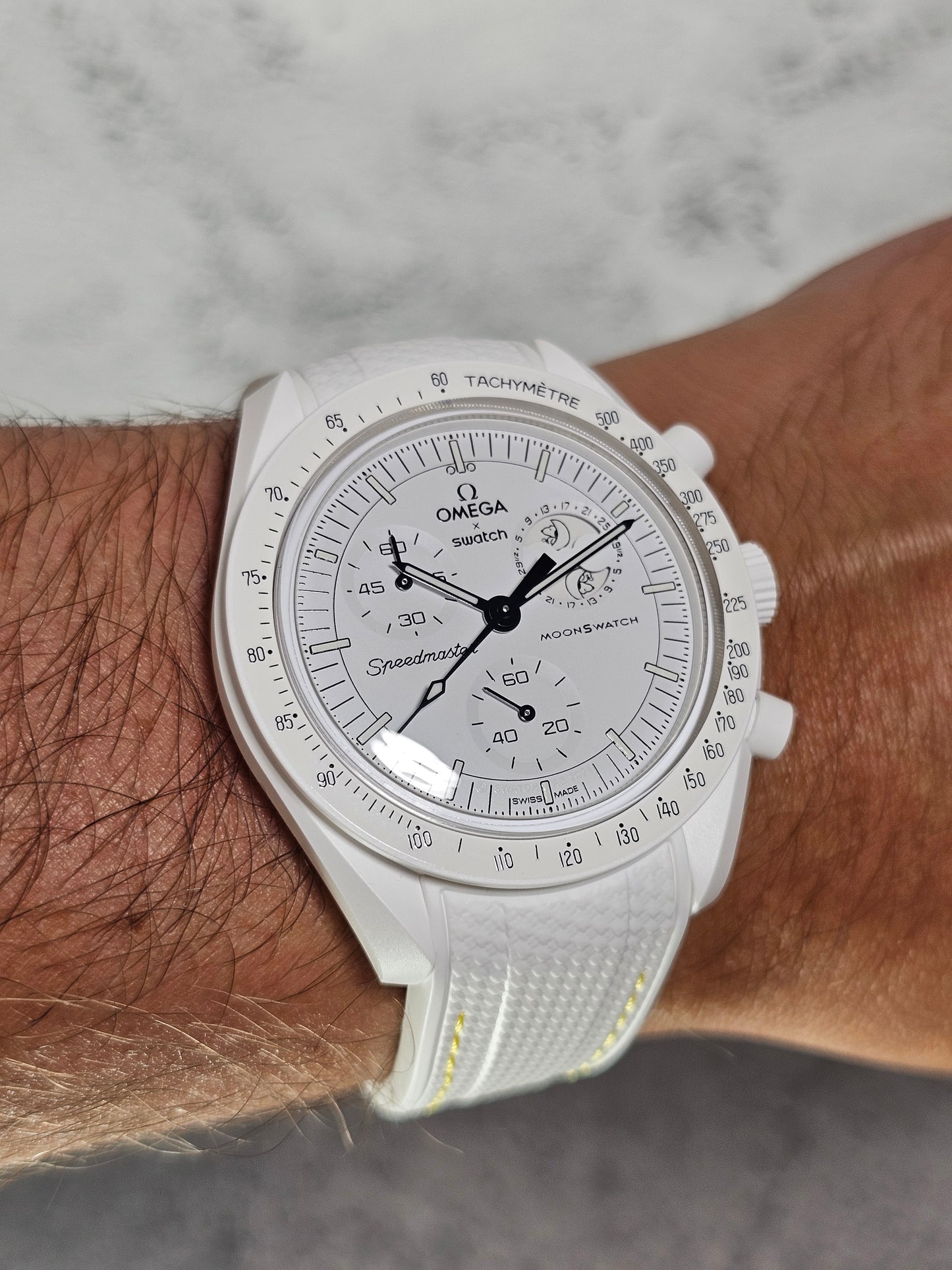 Rubber Curved Strap for Omega x Swatch MoonSwatch – Mission to the MoonPhase – White with Yellow Stitch