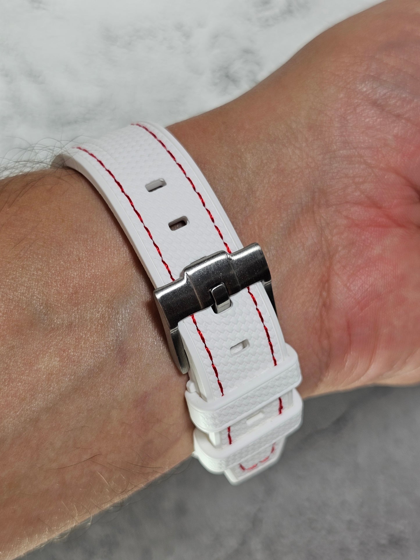 Rubber Curved Strap for Omega x Swatch MoonSwatch – Mission to the MoonPhase – White with Red Stitch