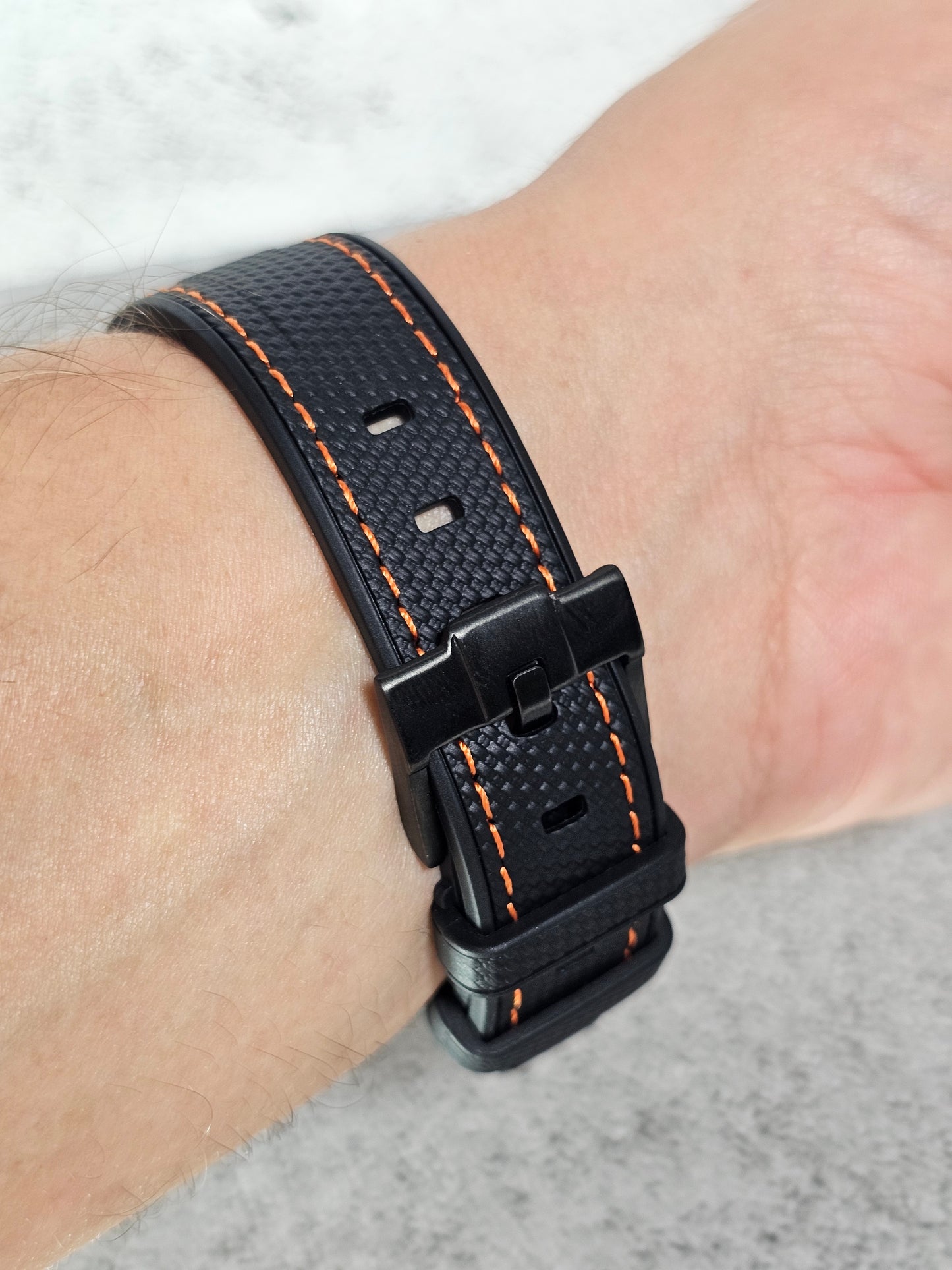 Rubber Curved Strap for Omega x Swatch MoonSwatch – Mission to Mercury – Black with Orange Stitch