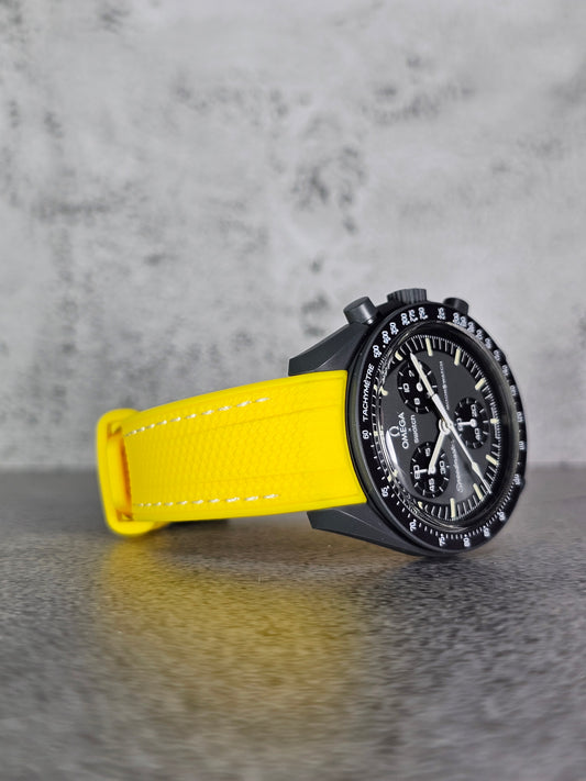 Rubber Curved Strap for Omega x Swatch MoonSwatch – Mission to Mercury – Yellow with White Stitch