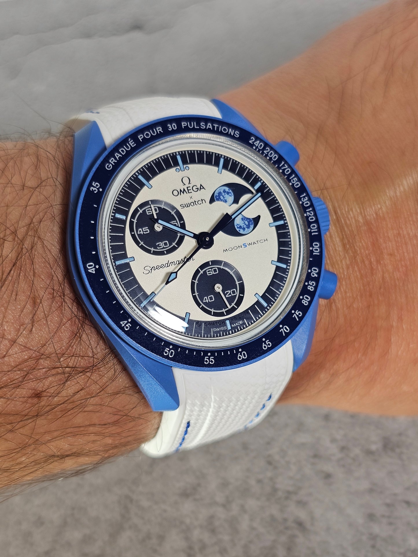 Omega X Swatch Super Blue Moon MoonSwatch Strap: Stitched Rubber Woven - White & Blue