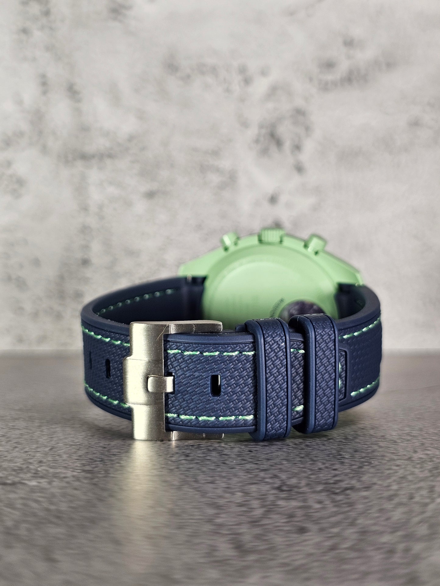 Rubber Curved Strap for Omega x Swatch MoonSwatch – Mission on Earth – Navy with Green Stitch