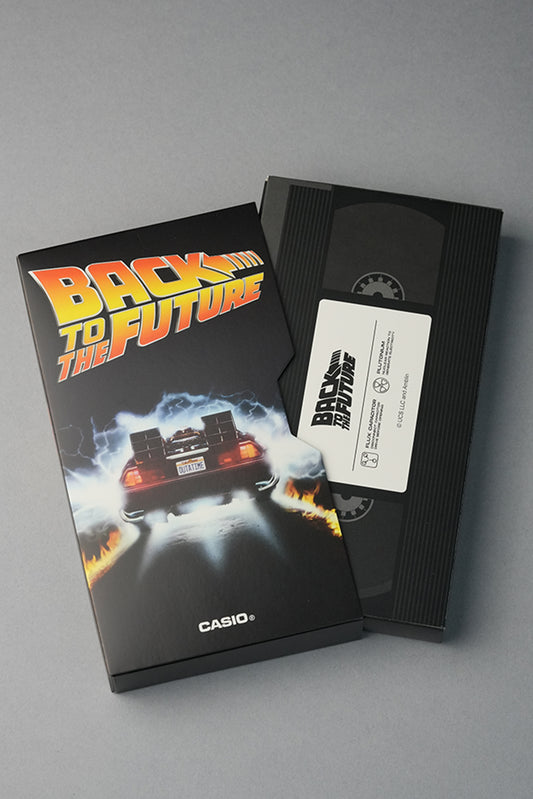 VHS casio packaging with 'Back to the Future' cover and Casio logo on a gray background