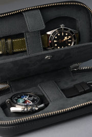 Leather Zip Pouch for Two Watches - Black