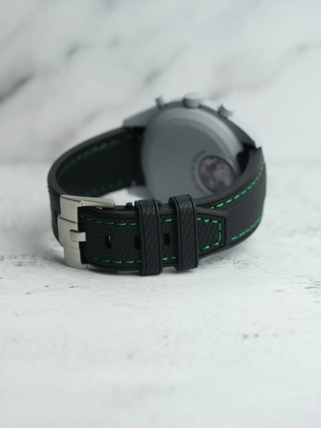 Rubber Curved Strap for Omega x Swatch MoonSwatch – Mission to EarthPhase – Black with Green Stitch