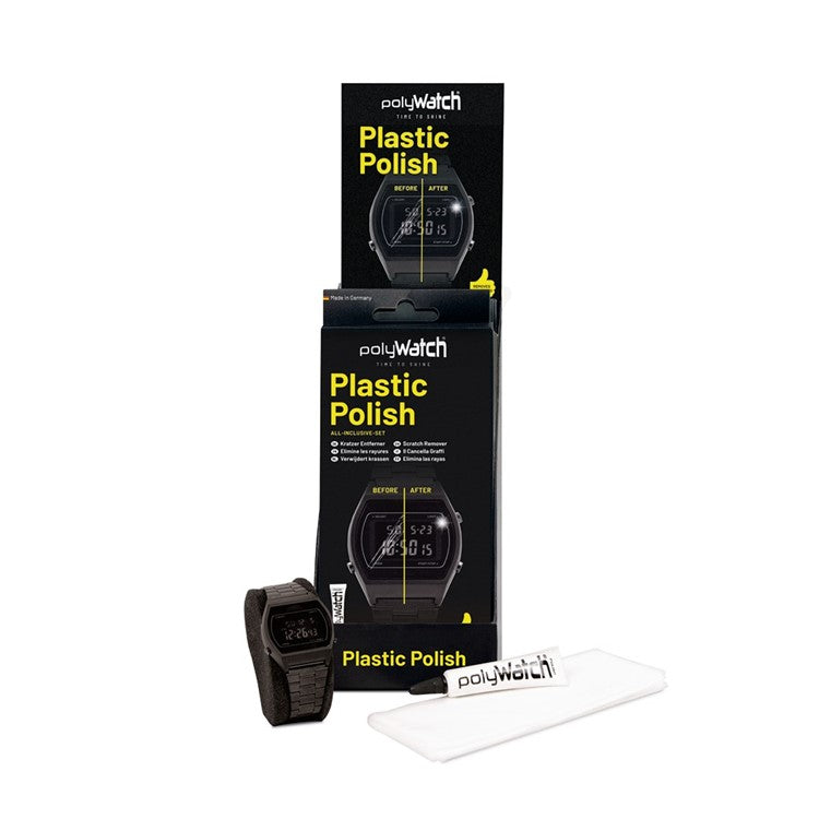 polyWatch Plastic Polish kit with a watch and applicator on a white background