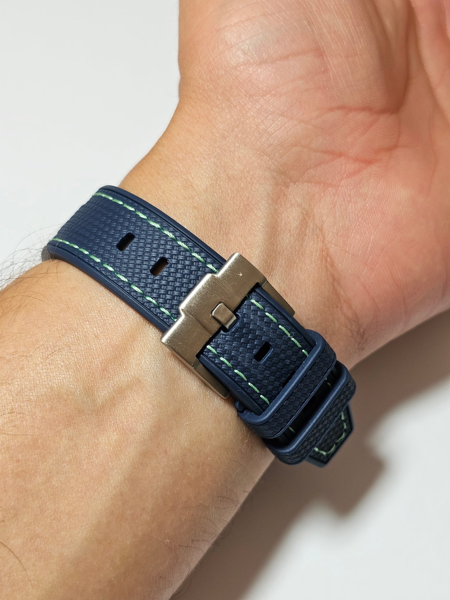 Rubber Curved Strap for Omega x Swatch MoonSwatch – Mission on Earth: Polar Lights – Navy with Green Stitch