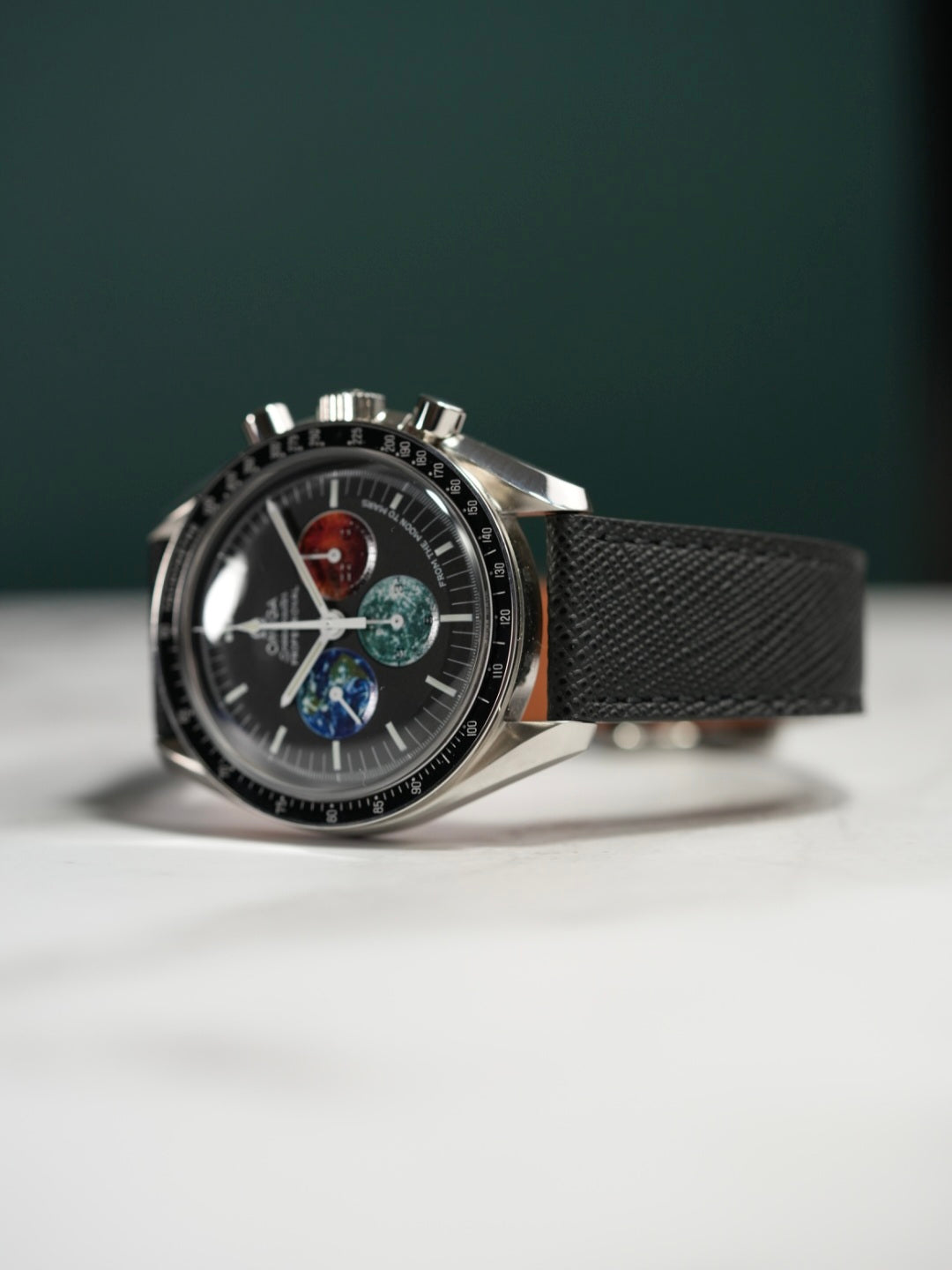 Black Italian Saffiano Leather Strap on Omega Speedmaster – Luxury watch strap upgrade