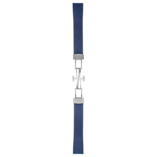Navy blue watch strap with silver clasp on a white background