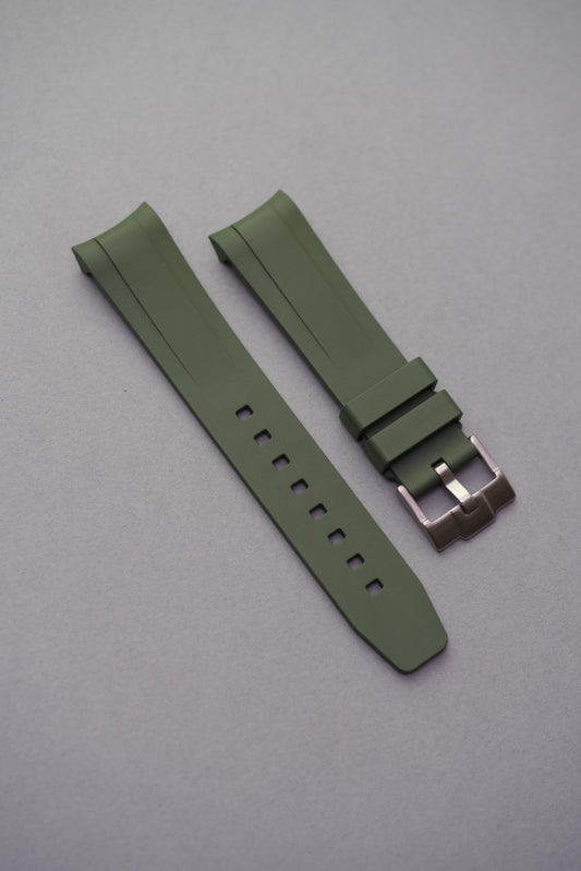 Olive green curved FKM rubber strap made for Black Bay 58, featuring square holes and steel buckle.