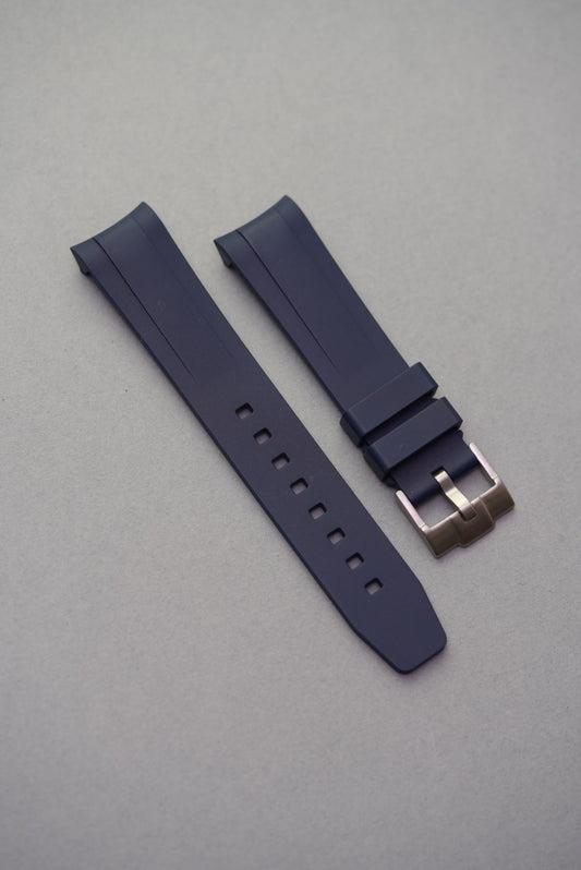 Navy blue FKM curved rubber strap designed for Black Bay 58 with sleek integrated fit.