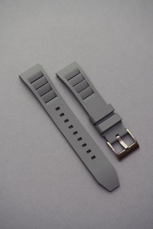 Grey vented FKM rubber strap for watches, offering breathability, flexibility, and everyday comfort.