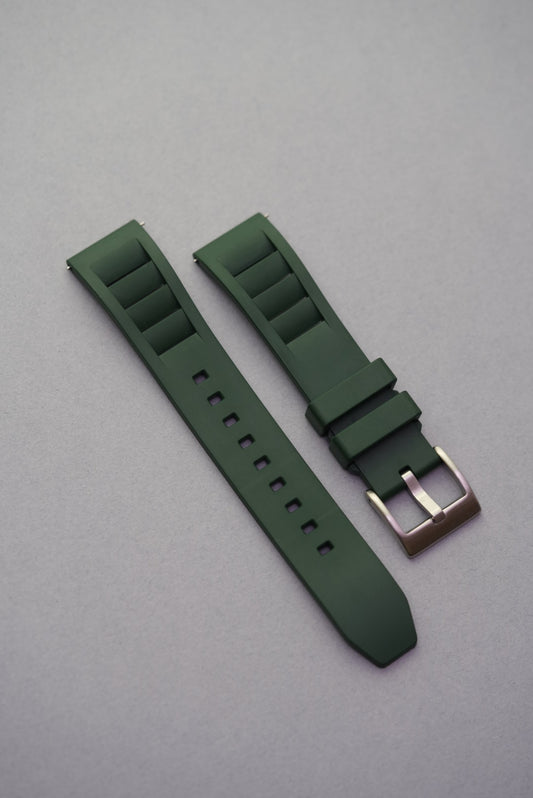 Green FKM vented rubber watch strap with stainless steel buckle, suitable for a wide range of watches.