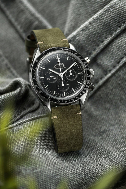 Olive green Morellato vintage calfskin leather strap on Omega Speedmaster Professional Moonwatch 20mm