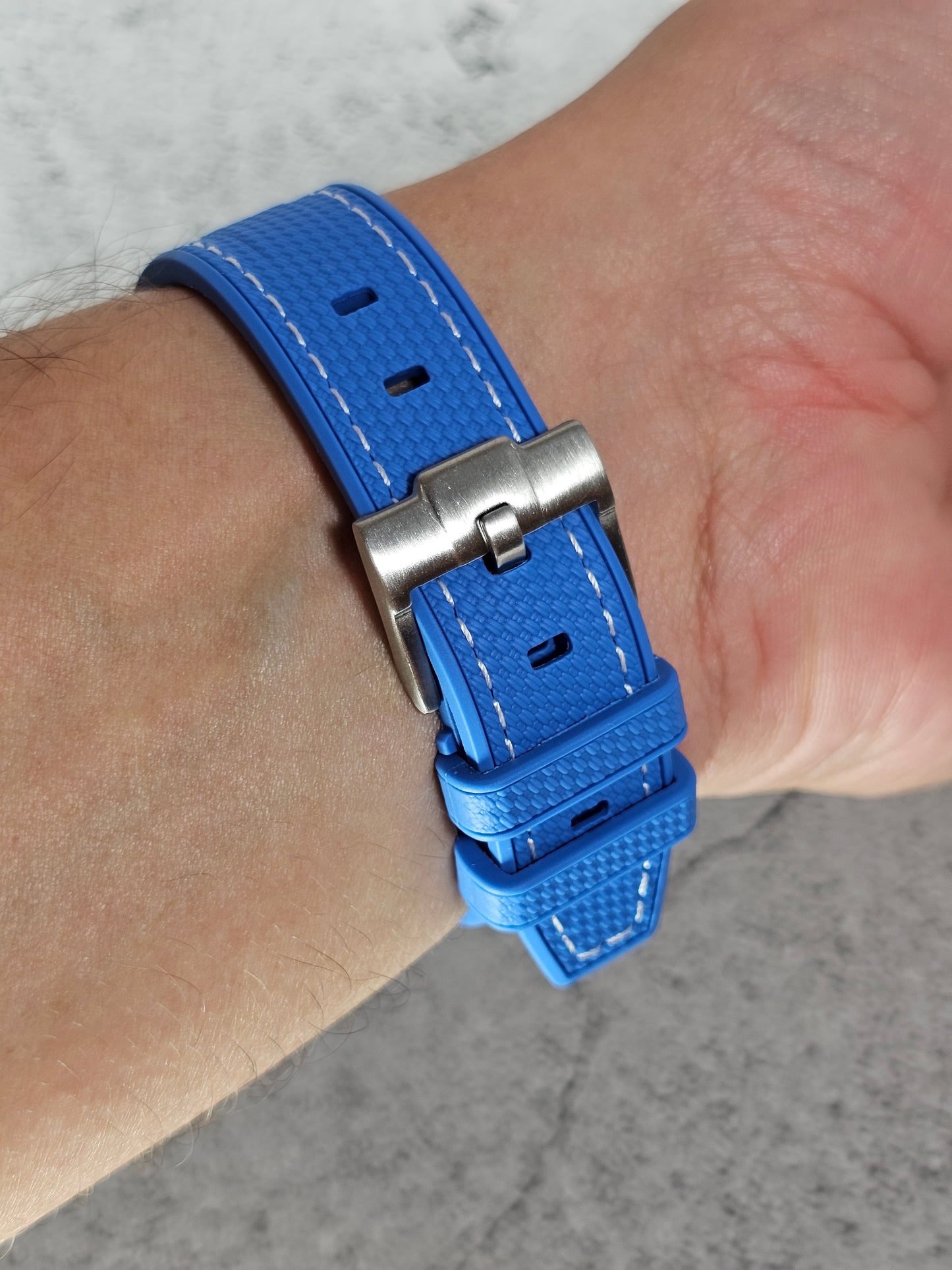 Rubber Curved Strap for Omega x Swatch MoonSwatch – Mission to Neptune – Blue with White Stitch