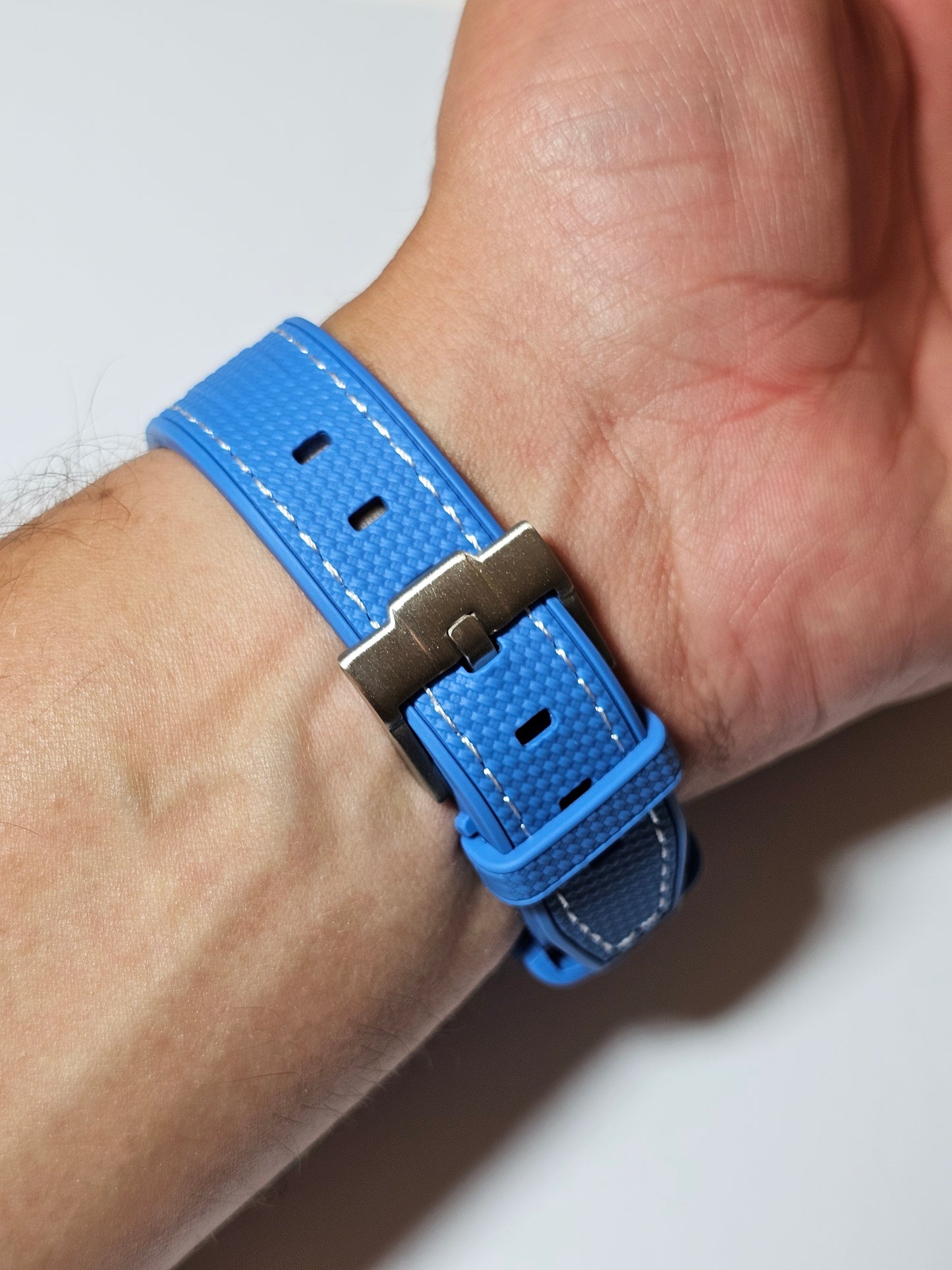 Rubber Curved Strap for Omega x Swatch MoonSwatch – Super Blue MoonPhase – Blue with White Stitch