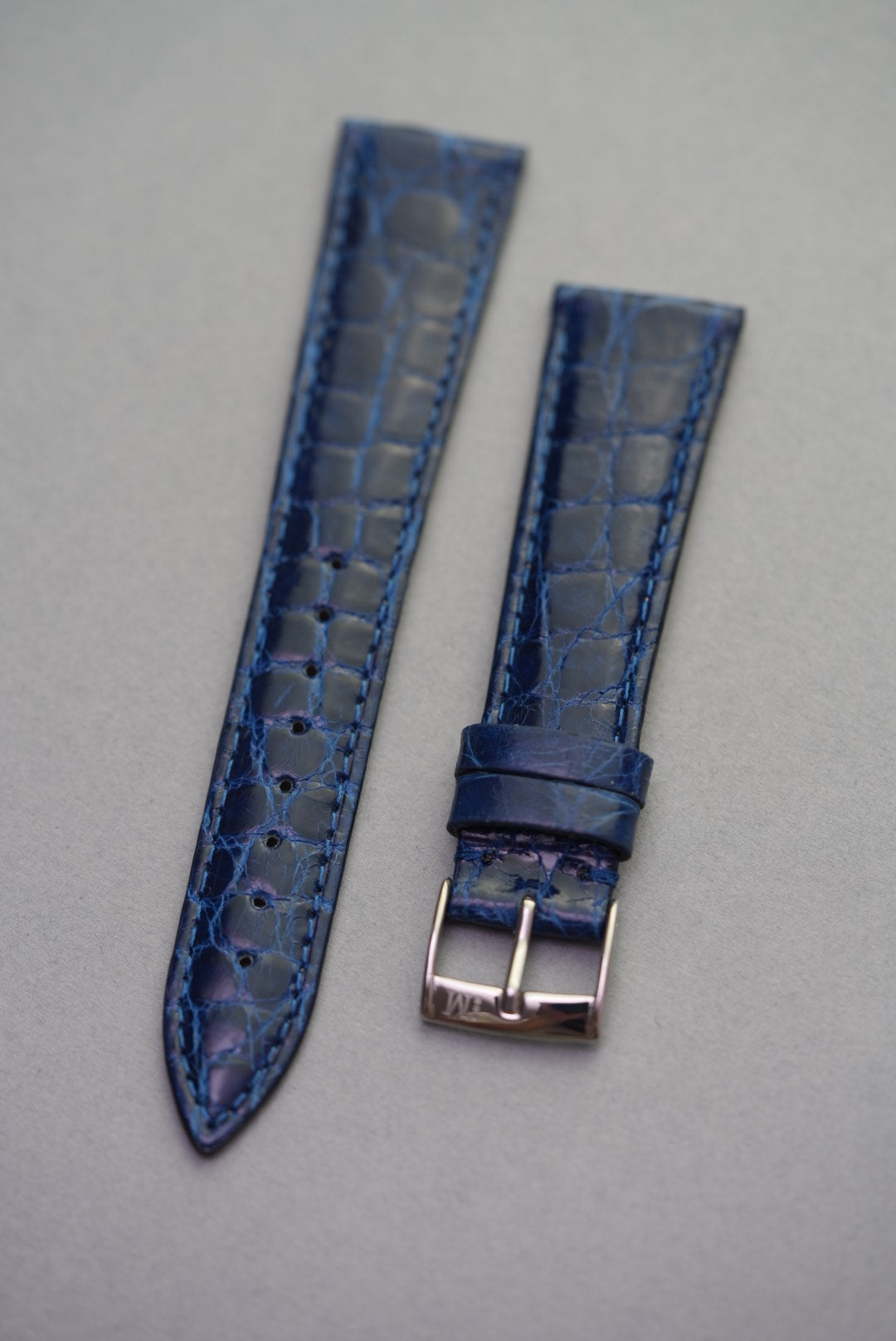 Full view of sapphire crocodile leather strap for Cartier, featuring a semi-matte sheen and polished stainless steel buckle.