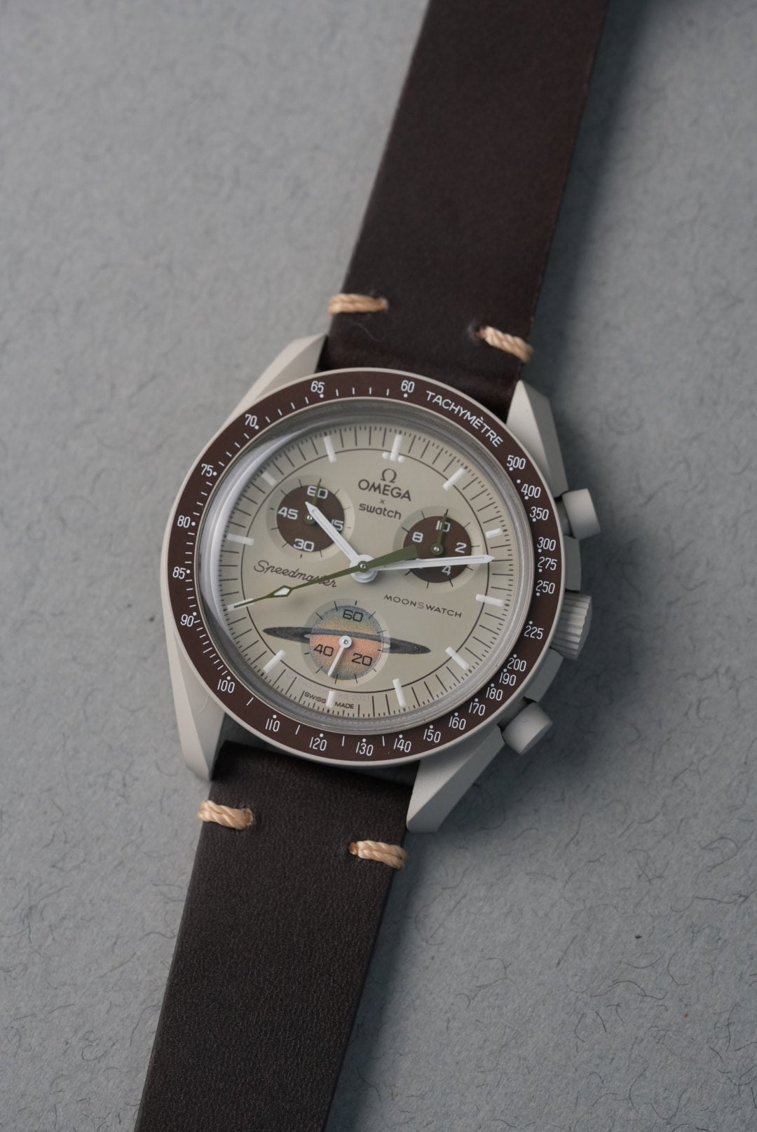 MoonSwatch Saturn Stitched Leather Strap – Brown – MGB WATCHES