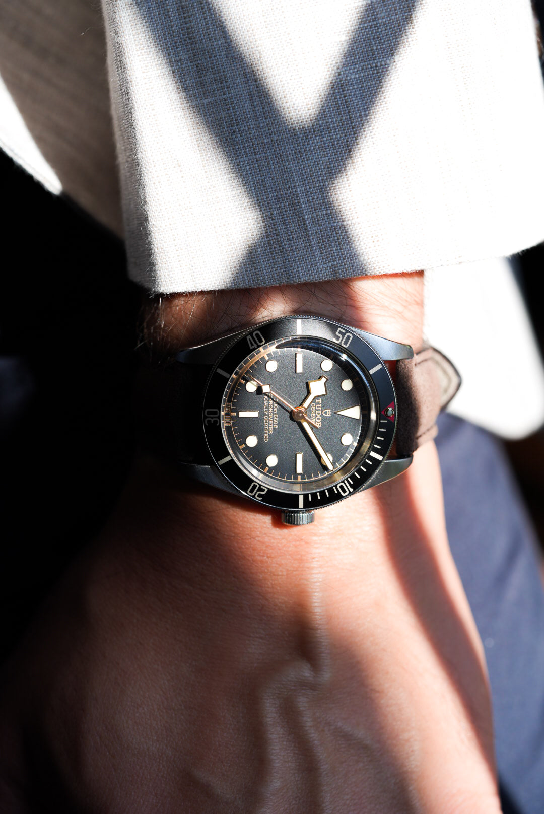 Tudor Black Bay watch with dark brown suede strap in natural lighting, styled with a light linen shirt