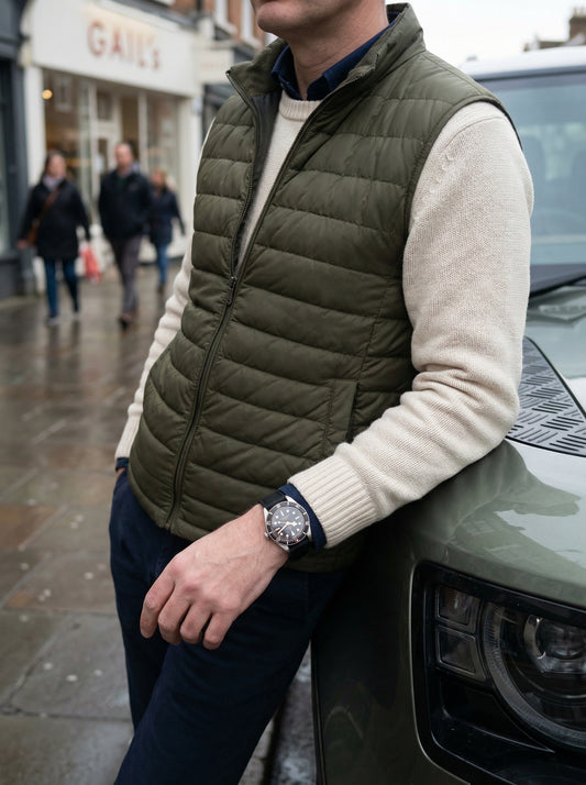 Man wearing a green puffer vest leaning against a car on a city street.