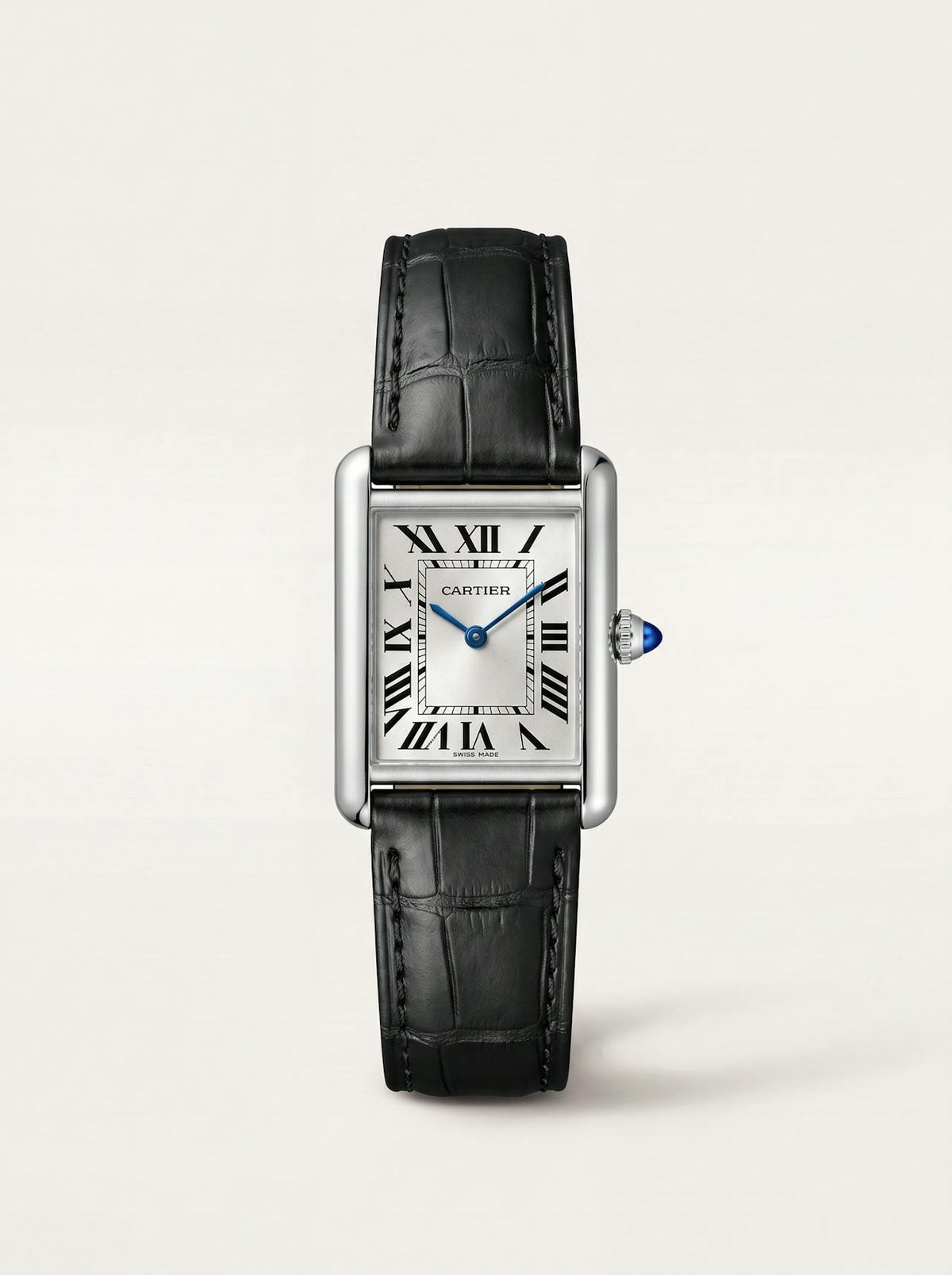 black square alligator-grain leather strap on a Cartier Tank Must Small, 16mm, front view