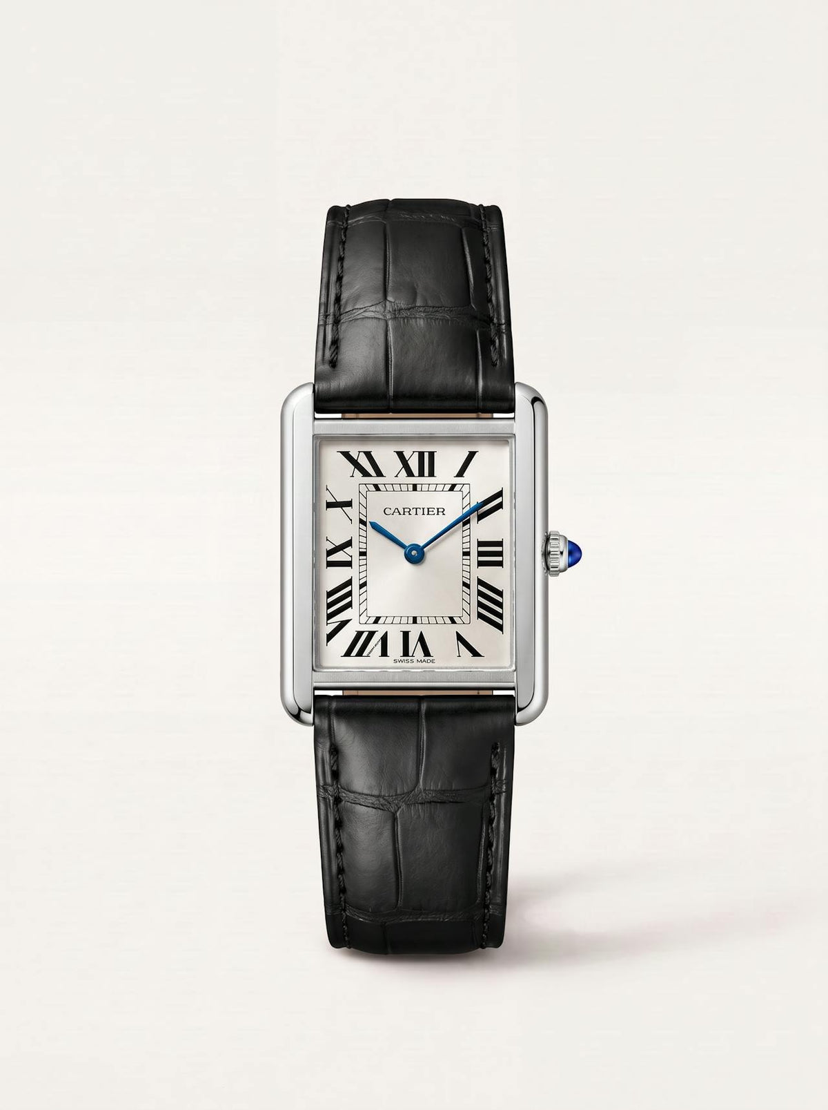 black square alligator-grain leather strap on a Cartier Tank Solo Small, 17.5mm, front view