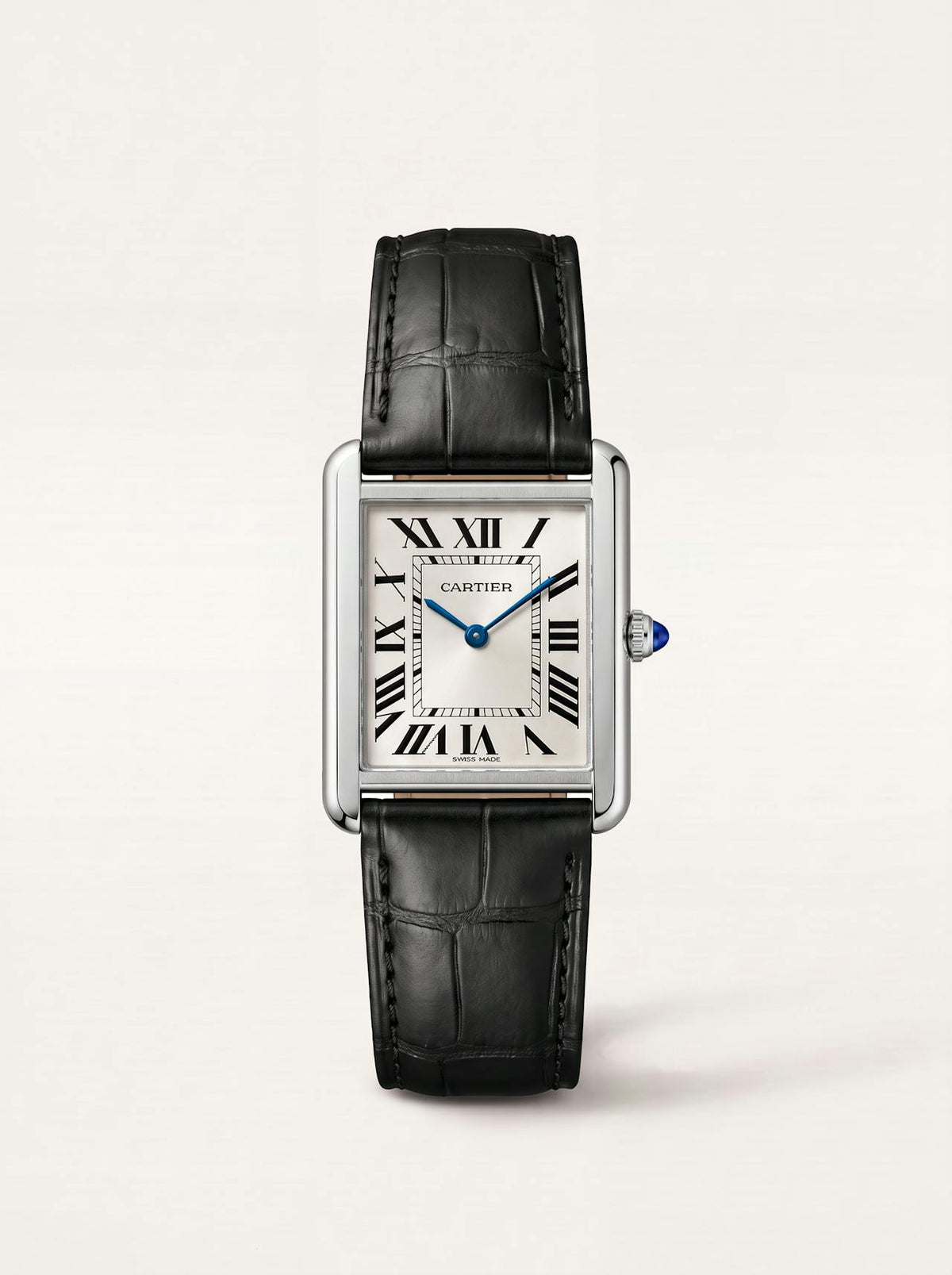 Black square alligator-grain leather strap on a Cartier Tank Française, 18mm, front view