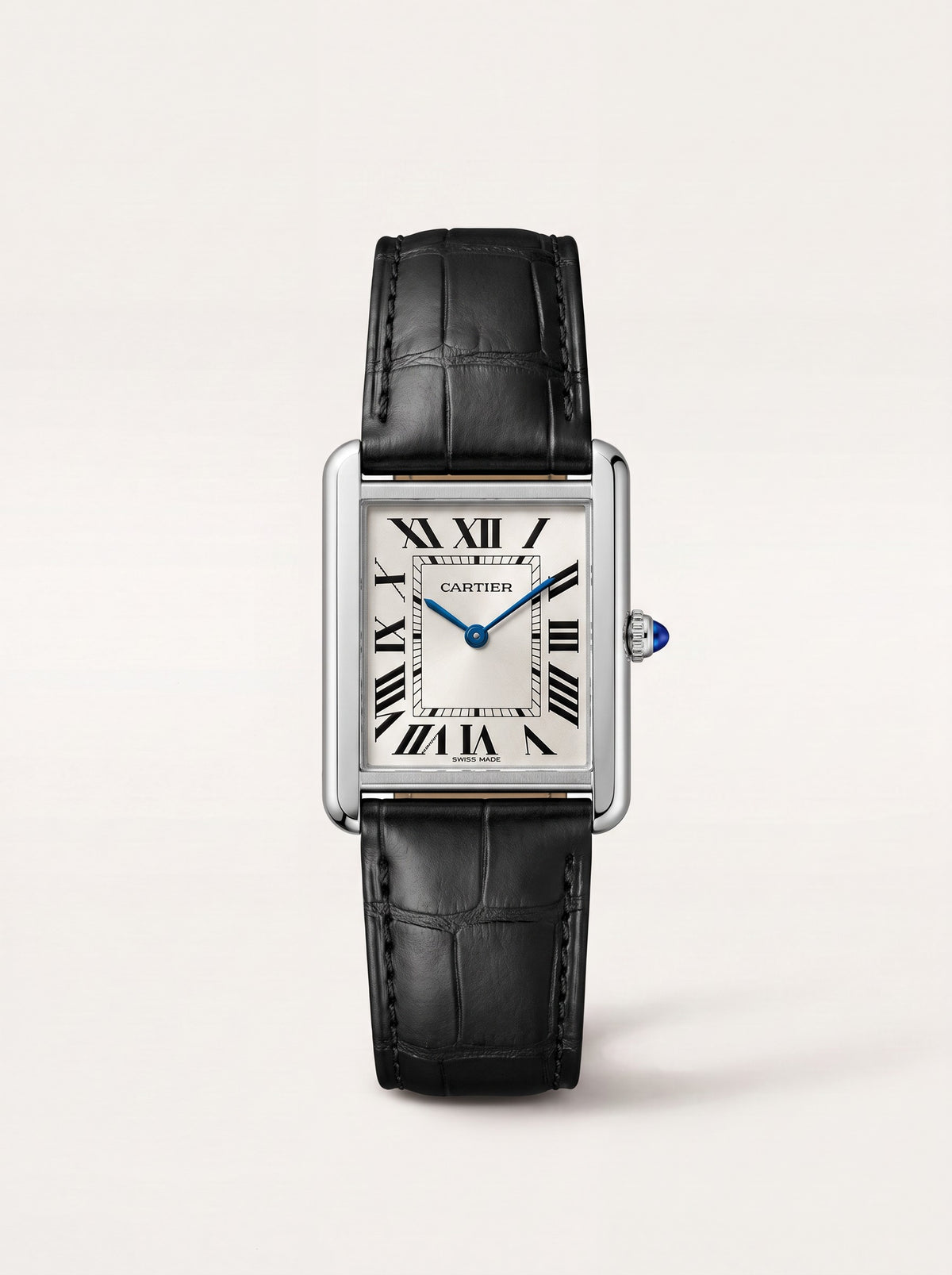 Black square alligator-grain leather strap on a Cartier Tank Solo Large, 20mm, front view
