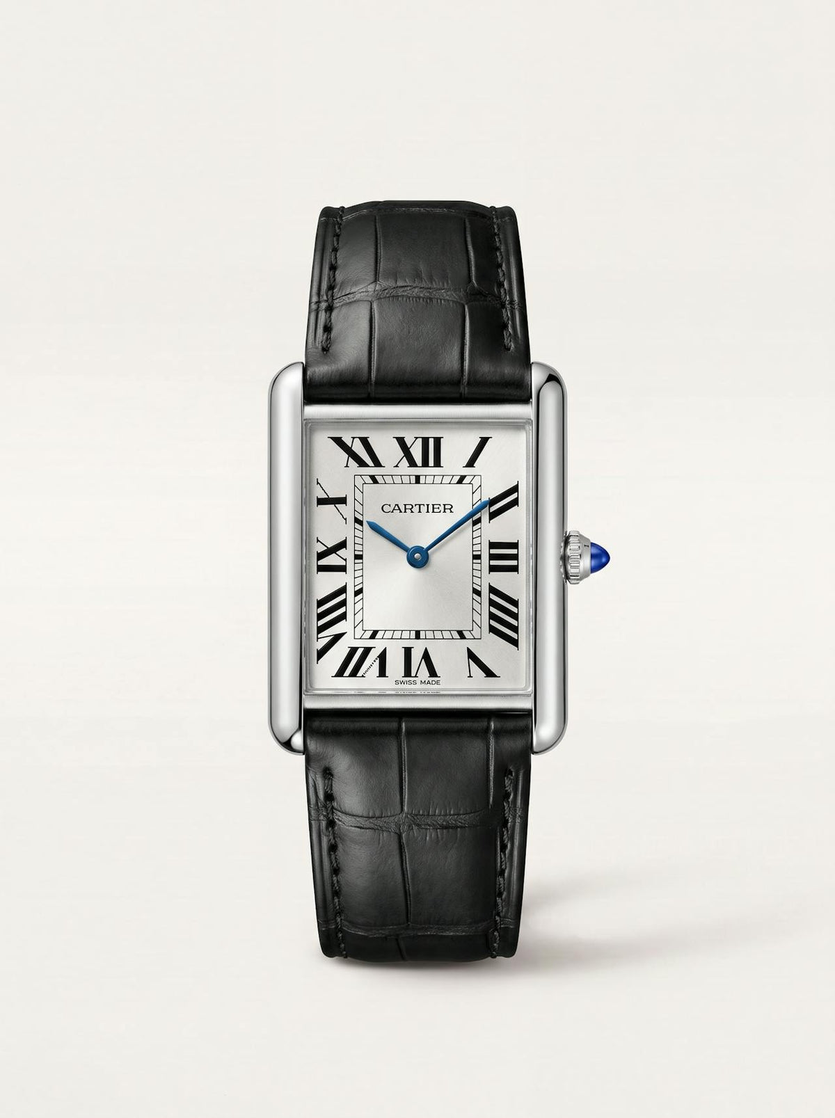 black square alligator-grain leather strap on a Cartier Tank Must Extra-Large, 23mm, front view
