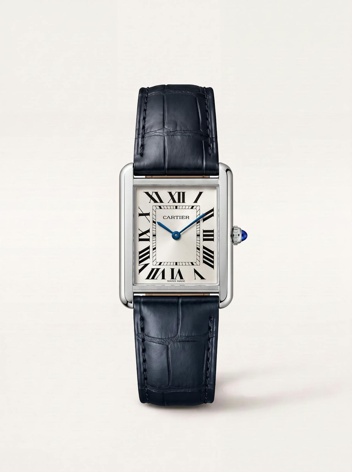 blue square alligator-grain leather strap on a Cartier Tank Must Small, 16mm, front view