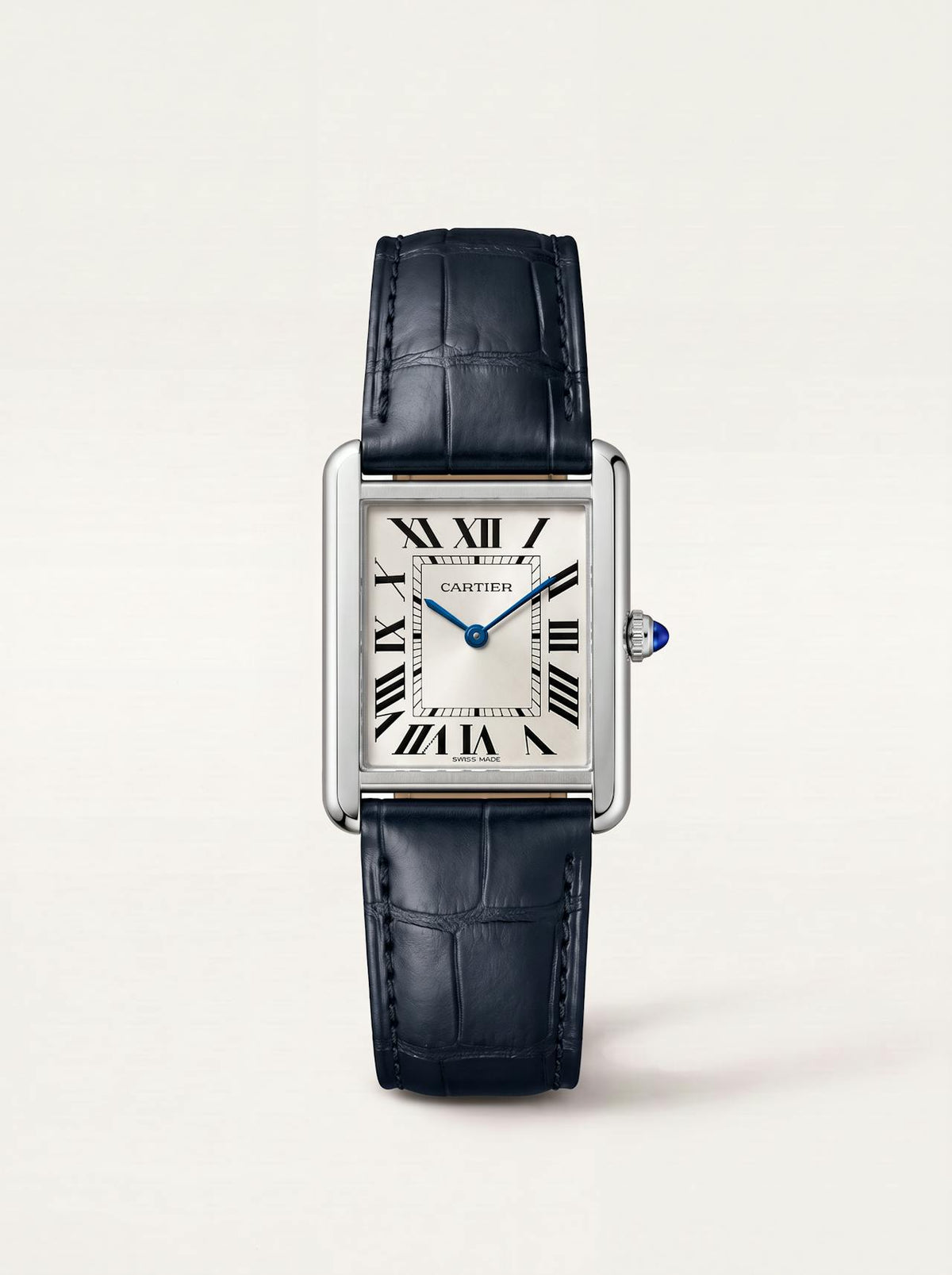 Blue square alligator-grain leather strap on a Cartier Tank Française, 18mm, front view