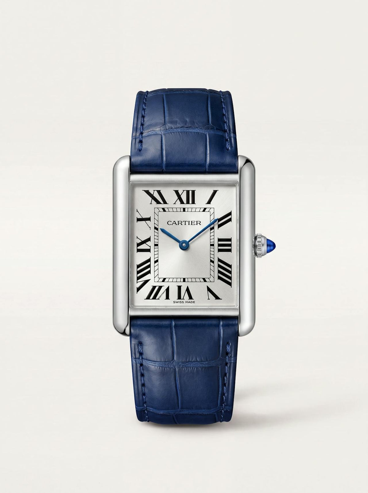 blue square alligator-grain leather strap on a Cartier Tank Must Extra-Large, 23mm, front view