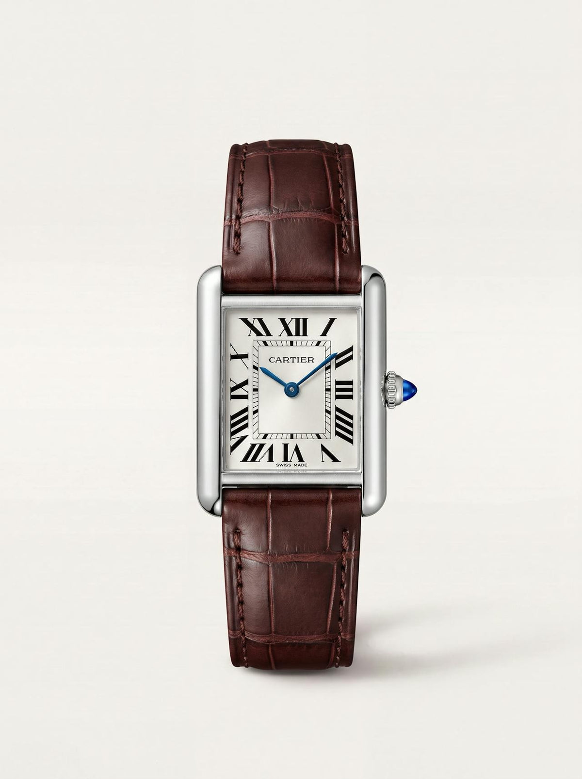 brown square alligator-grain leather strap on a Cartier Tank Must Small, 16mm, front view