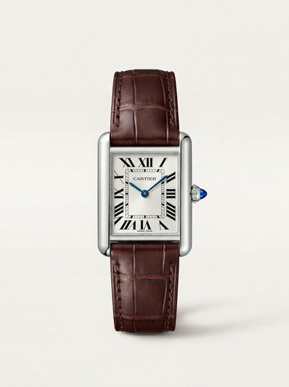 brown square alligator-grain leather strap on a Cartier Tank Must Small, 16mm, front view