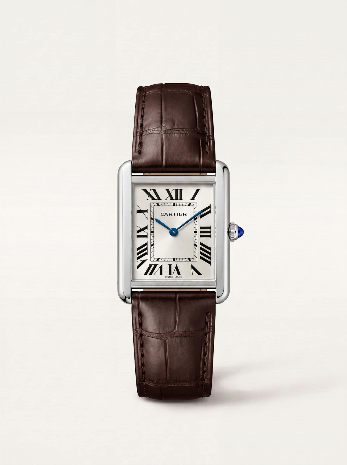Brown square alligator-grain leather strap on a Cartier Tank Française, 18mm, front view