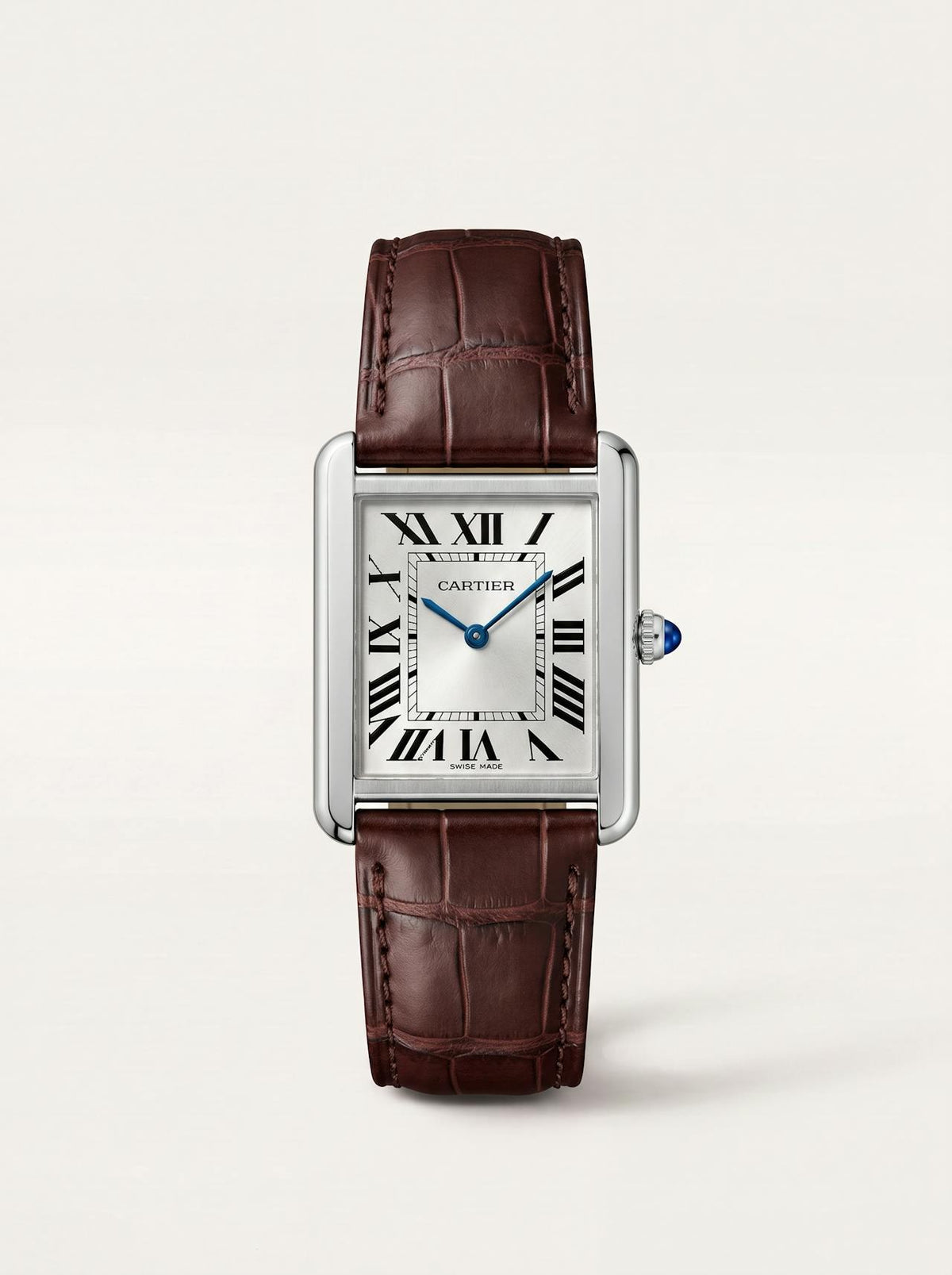 brown square alligator-grain leather strap on a Cartier Tank Solo Large, 20mm, front view