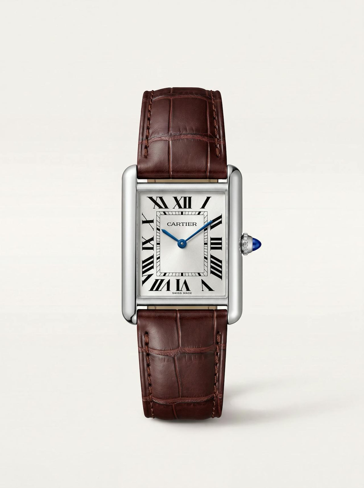 brown square alligator-grain leather strap on a Cartier Tank Must Extra-Large, 23mm, front view
