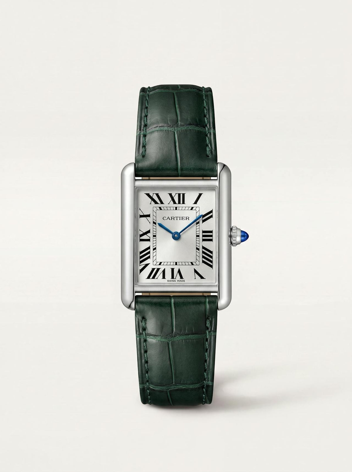 green square alligator-grain leather strap on a Cartier Tank Must Small, 16mm, front view